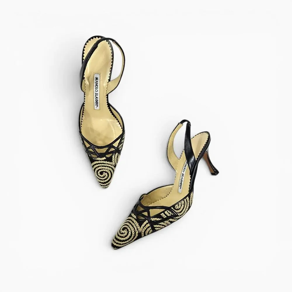 Y2k Manolo Blahnik Kitten Heels Slingback Embroidered - Size 35.5 (5)